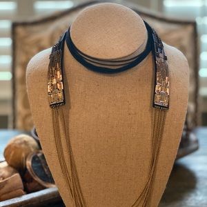 Stella & Dot Jasper Ombre Necklace Gold Black Leather Beaded Multi Strand